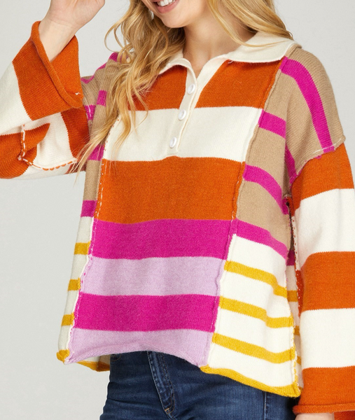 Pink Spice Stripe Collard Sweater